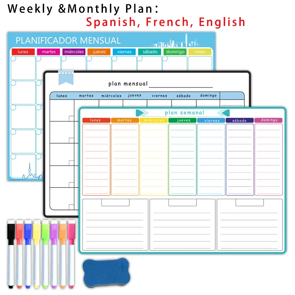 Dry Erase Weekly - A3 Size Magnetic Weekly &monthly Planner：Spanish,