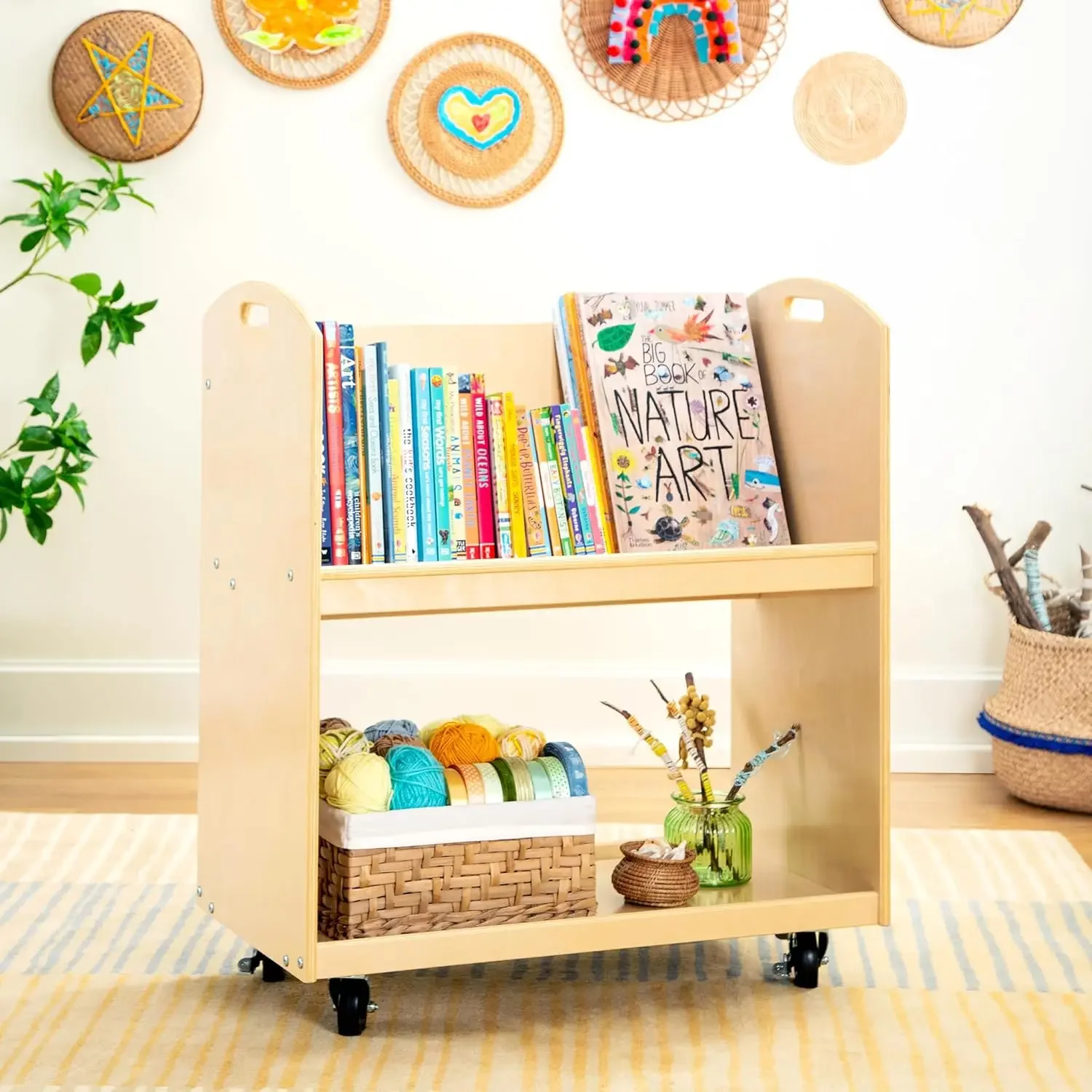 Book Cart Rolling - Kids Book Storage Cart - Natural: